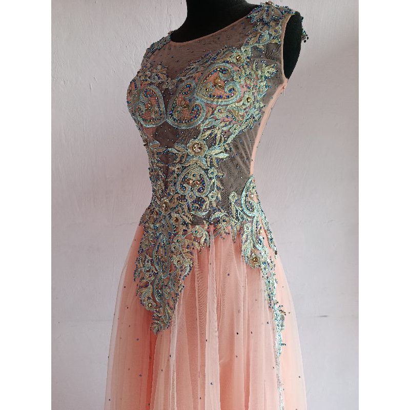 Gaun Pesta Model Transparan Berlengan Pendek Kain Tile Renda Bordir