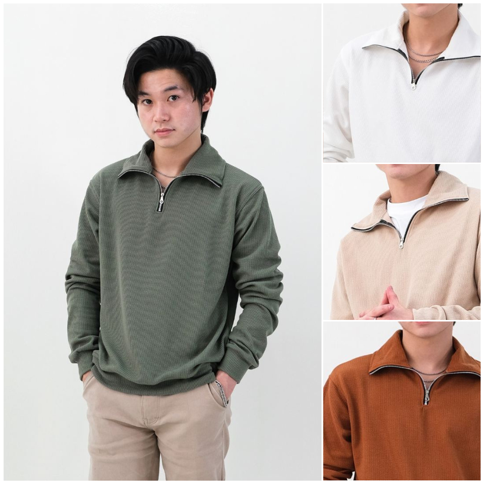 Kaos Polo Shirt Pria Kerah Lengan Panjang Zipper Knit