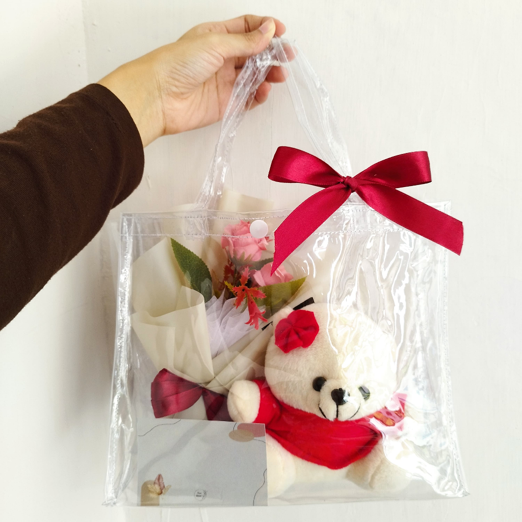 Gift bag hampers | tas mika transparan | kado wisuda, ulang tahun | hadiah boneka buket bunga