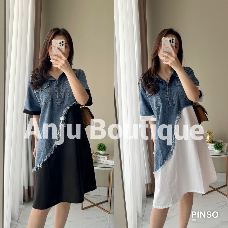 Dress Denim Katun Wanita Lengan Pendek | Austin Denim Dress - ANJU
