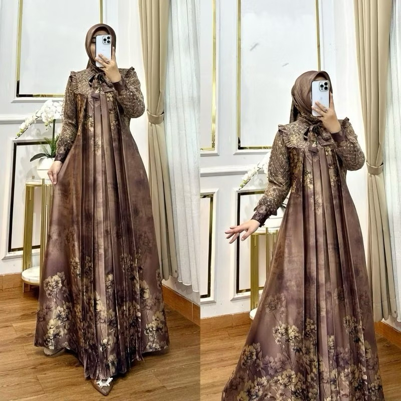 New Product Gamis Armany Silk Tsabina Abaya Babydoll Free Jilbab Bahan Silk Saten Motif Kembang -