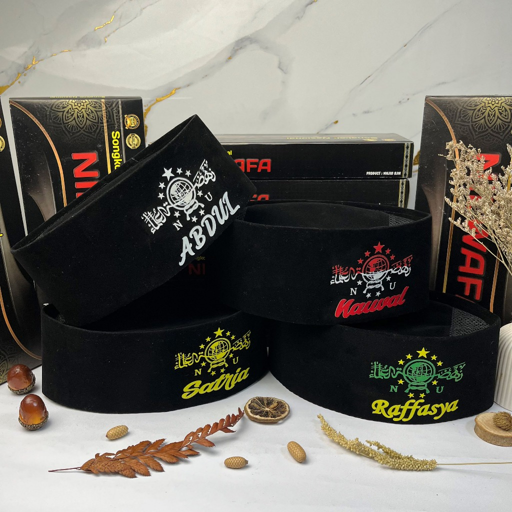 BEST SALE PECI NU NAMA - Peci Songkok Kopiah Hitam Motif Logo NU Peci Hitam NU Gratis NAMA Anak Laki