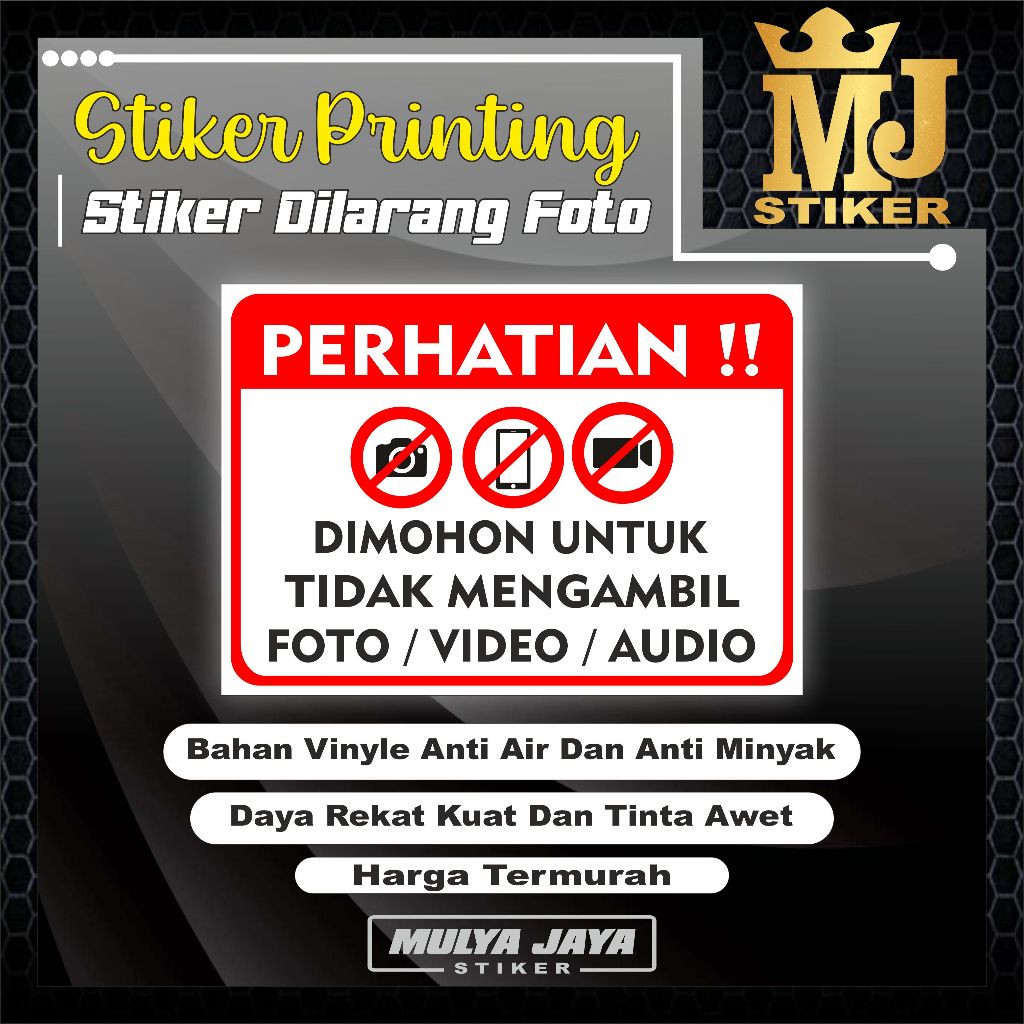 

PROMO Mulya Jaya Stiker Dilarang Foto / Stiker Dilarang Merekam / Stiker Dilarang Mengambil Foto / Video / Audio