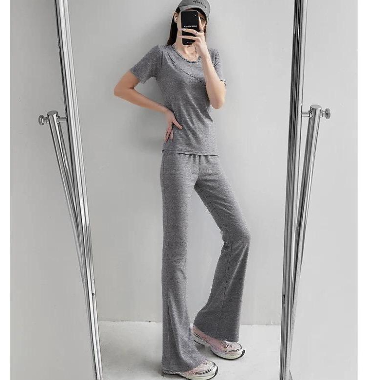 99kOutlet One Set Atasan Wanita Lengan Pendek + Celana Panjang Polos Casual Wide Leg (S/M/L) 3320 Ts