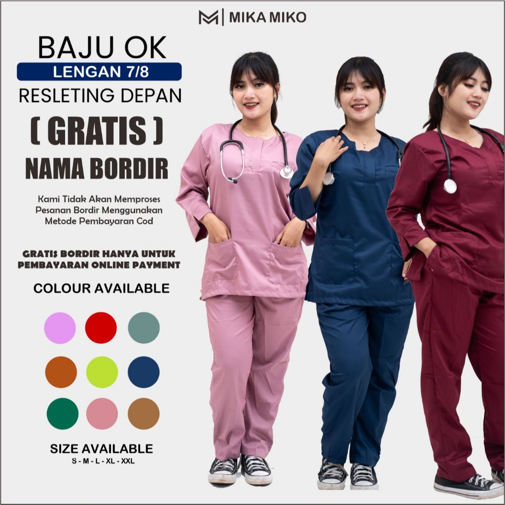 MIKAMIKO - Baju OK LENGAN 7/8 Resleting (GRATIS NAMA BORDIR) SCRUB DOKTER OKA PERAWAT BIDAN NAKES