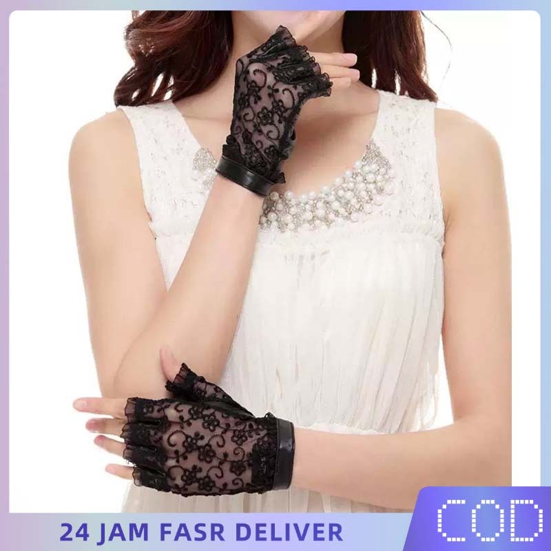 2pcs Fingerless Gloves Sarung Gothic Lace Panel Lace-Up Fingerless Gloves