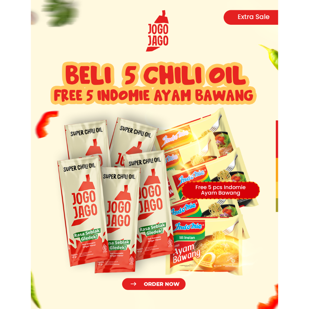 

Extra Sale - Beli 5 Pcs Super Chili Oil Sachet Jogojago (Free) 5 Indomie Ayam Bawang