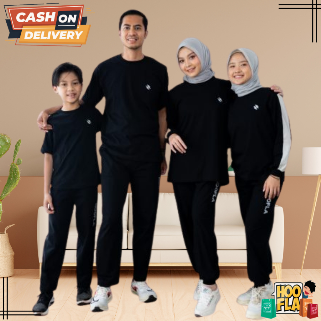 Setelan Baju Olahraga Senam Joging Wanita Pria Anak Muslim Terbaru Sporty Fam Set Jet Black