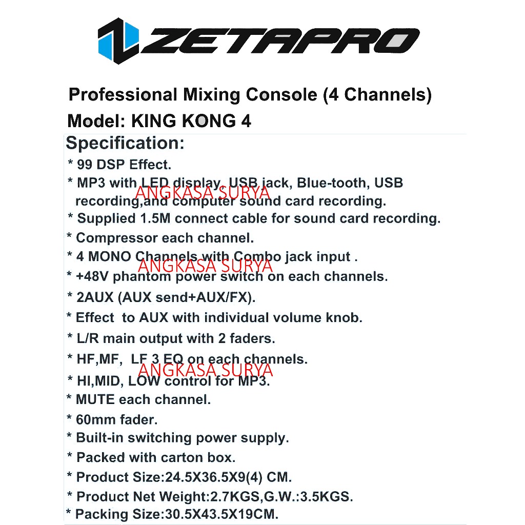 Mixer Zetapro Kingkong 4 Original / Mixer 4Channel Zetapro Kingkong4 Ada Compressor, Effect Reverb