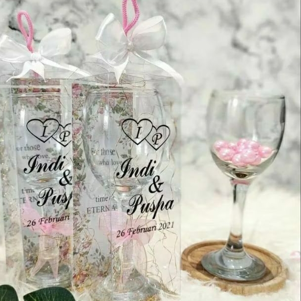 SOUVENIR PERNIKAHAN GELAS WINE FREE BOX / MIKA