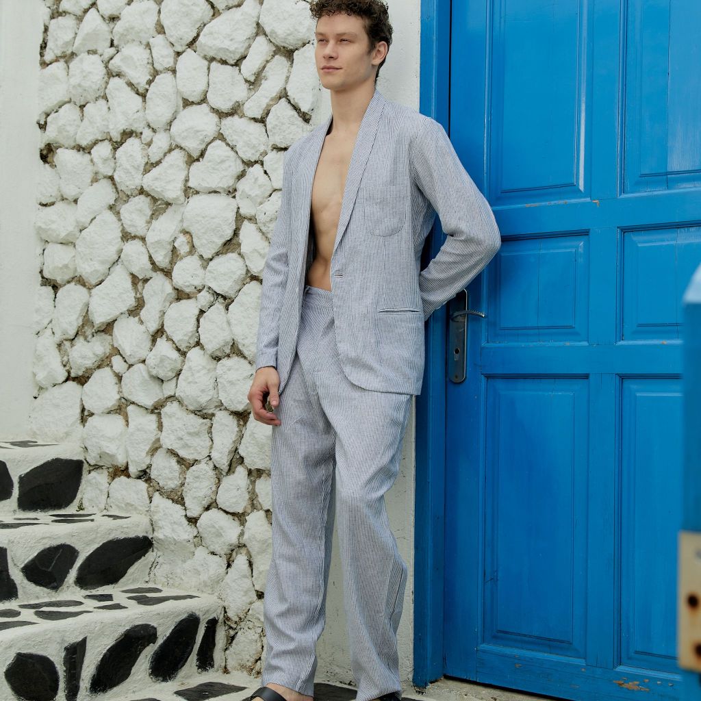 REMEDY Outer Linen Set Pria Panjang Warna Abu Garis - Cobalt Blazer Set