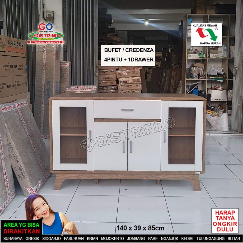 DISTRINDO Bufet Minimalis / Credenza 2pintu Kaca + 3Laci