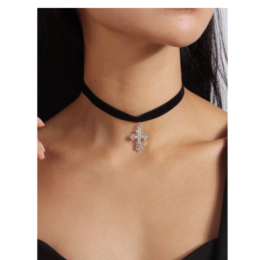 Rhinestone Cross Charm Choker