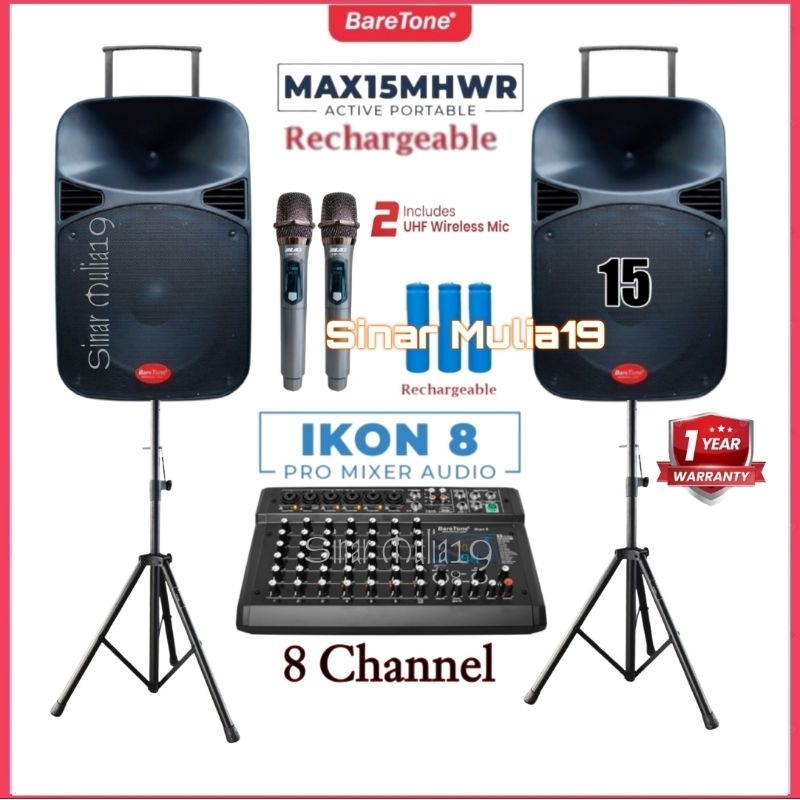 Paket Sound System Speaker Portable BareTone Max15mhwr Mixer BareTone Ikon 8 Mic Wirelesss Vocal Ori
