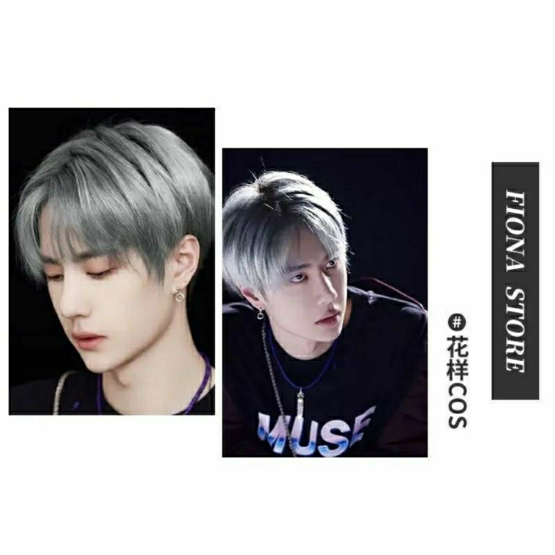 Wig Pria Rambut Pendek Korea Warna Abu - Abu Versi Model Laki Laki-Laki Tampan Korea Rambut Palsu Pe
