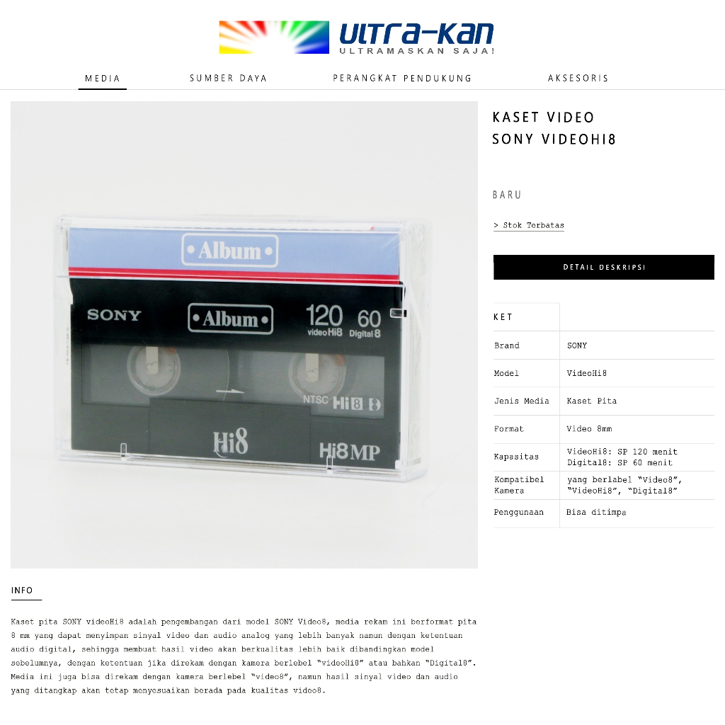 Kaset Pita Video 8mm SONY VideoHi8 - Media Rekam Kamera Video Analog Video8 / VideoHi8 / Digital8 SO