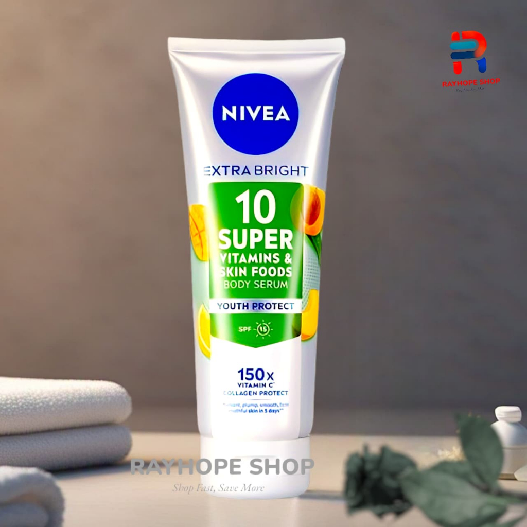 PROMO NIVEA Extra Bright 10 Super Vitamins Skin Foods Body Serum Youth Protect SPF 15 Perawatan Tubu