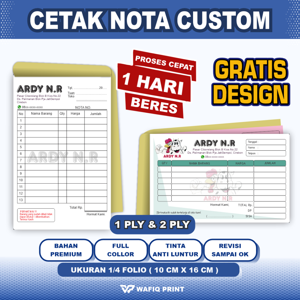 

Cetak Nota custom full Colour gratis design nama toko sendiri 1ply/2ply ukuran standar 1/4 folio