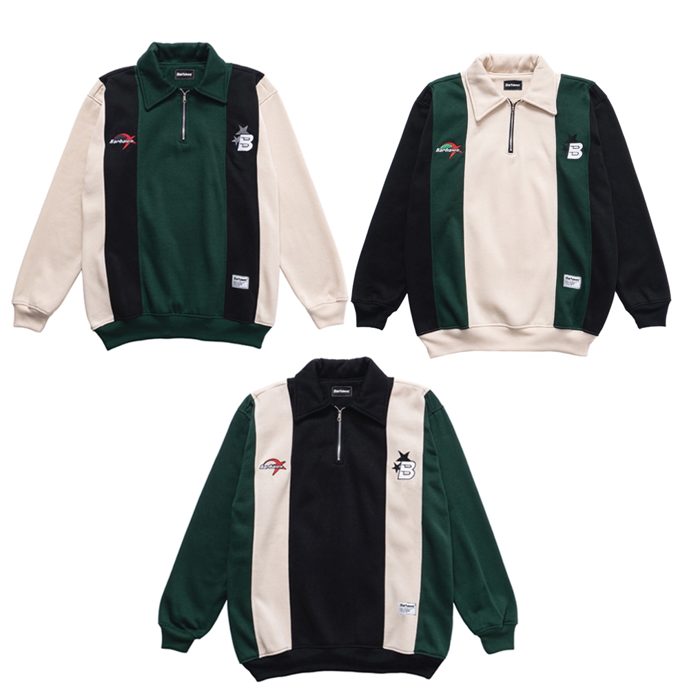 BARHAWS - Sweater Halfzipper Rugby Kombinasi Warna Salur Motif Bordir / Sweater Couple
