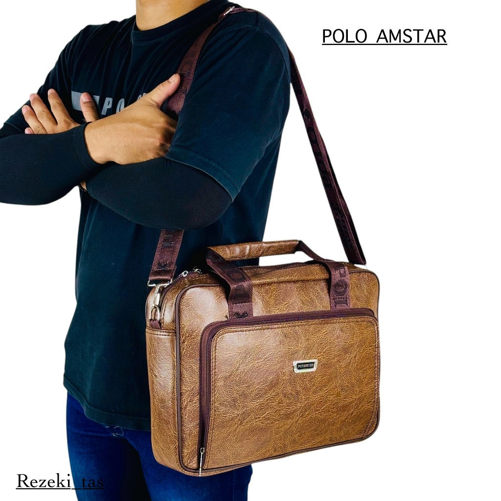 New Tas Selempang Laptop 14 Inchi Polo Amstar Bahan Kulit Pu Leather Tas Kantor