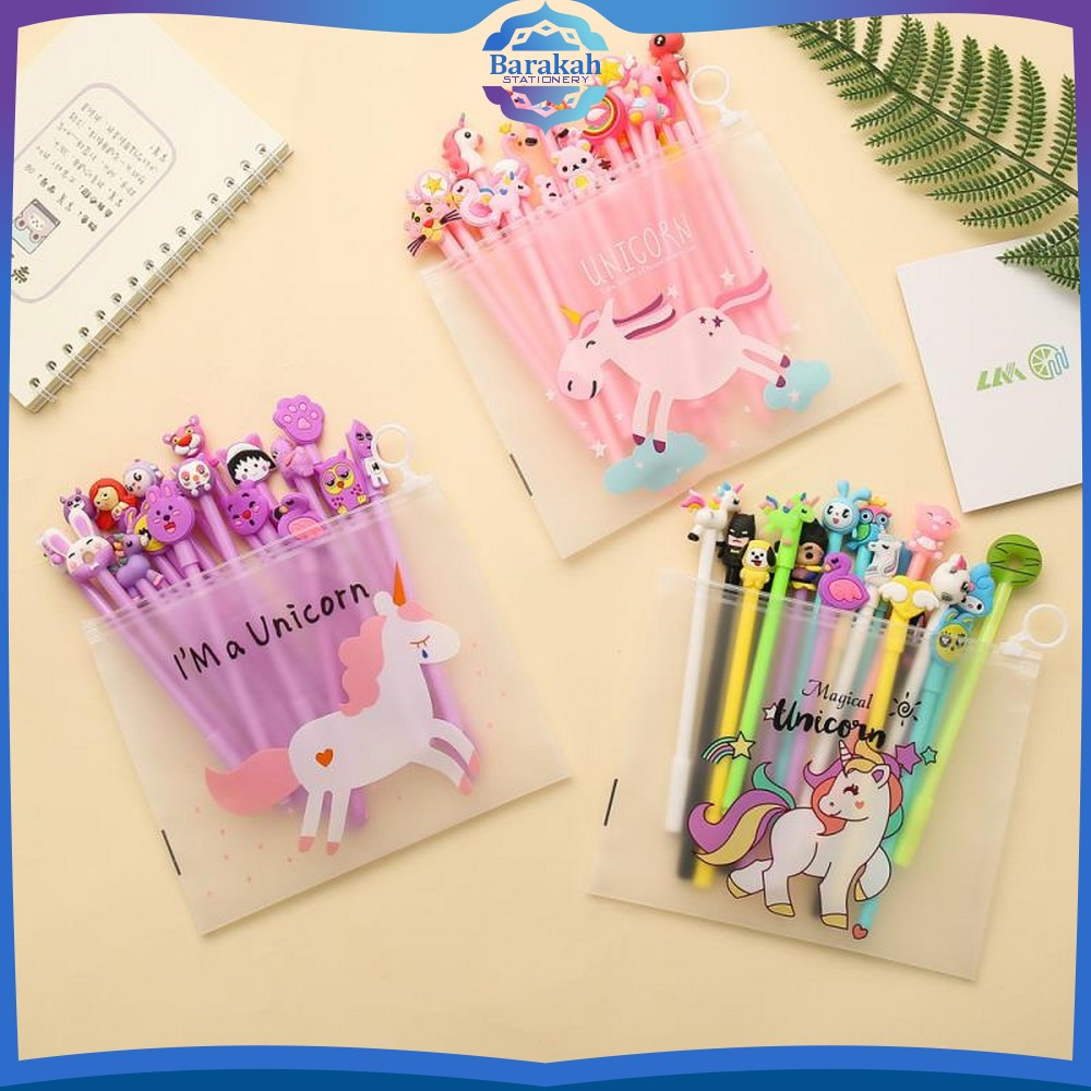 

Pena FREE Zipper Pouch Tempat Pensil Transparan Pulpen Gel Karakter Lucu Set Isi 20PCS Barakah Stationery A15