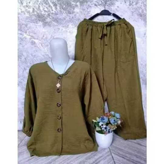 CUCI GUDANG // SETELAN ANDIN KANCING JUMBO XL.XXL.XXXL LD.110.120 130CM //SET CRINKLE POLOS LENGAN P