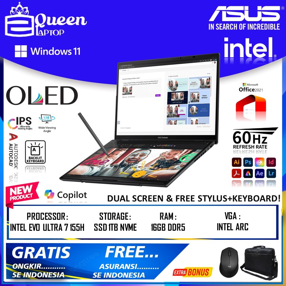 ASUS ZENBOOK PRO DUO UX8406MA INTEL ULTRA 7 155H 16GB 1TB SSD W11 DUAL 14.0 2.8K 120HZ TOUCH
