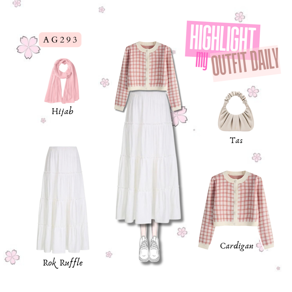 4in1 Outfit Korean Style Douyin Outfit | Cardigan + Rok Ruffle + Hijab + Tas | One Set Wanita kekini