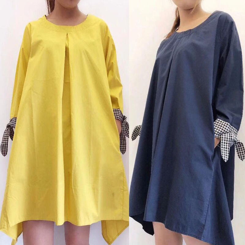 MINI DRESS TUNIK KATUN PREMIUM KUNING BIRU NAVY LENGAN 7/8 HEM KOTAK HITAM JEPANG KOREA IMPORT