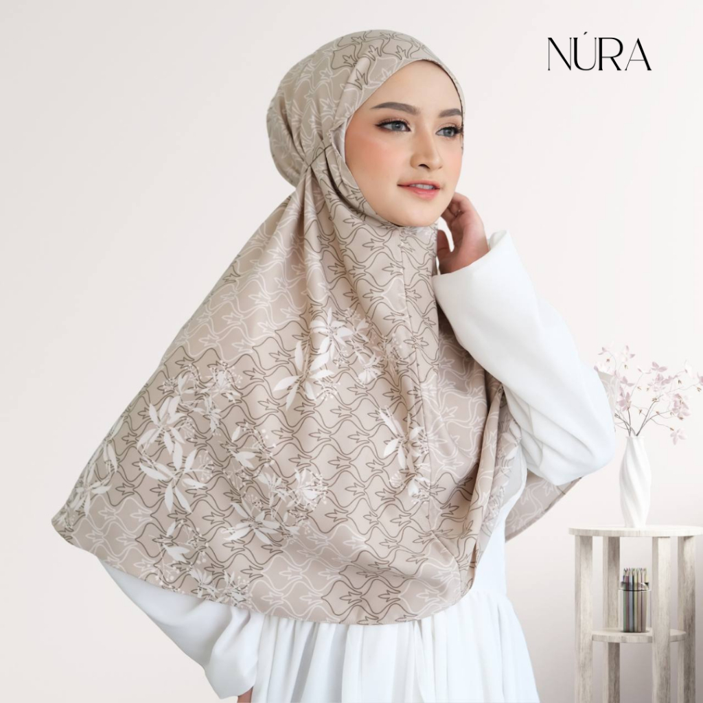 NURA - bergo motif premium - bergo bahan silk - bergo satin - kerudung bergo motif - maiza bergo