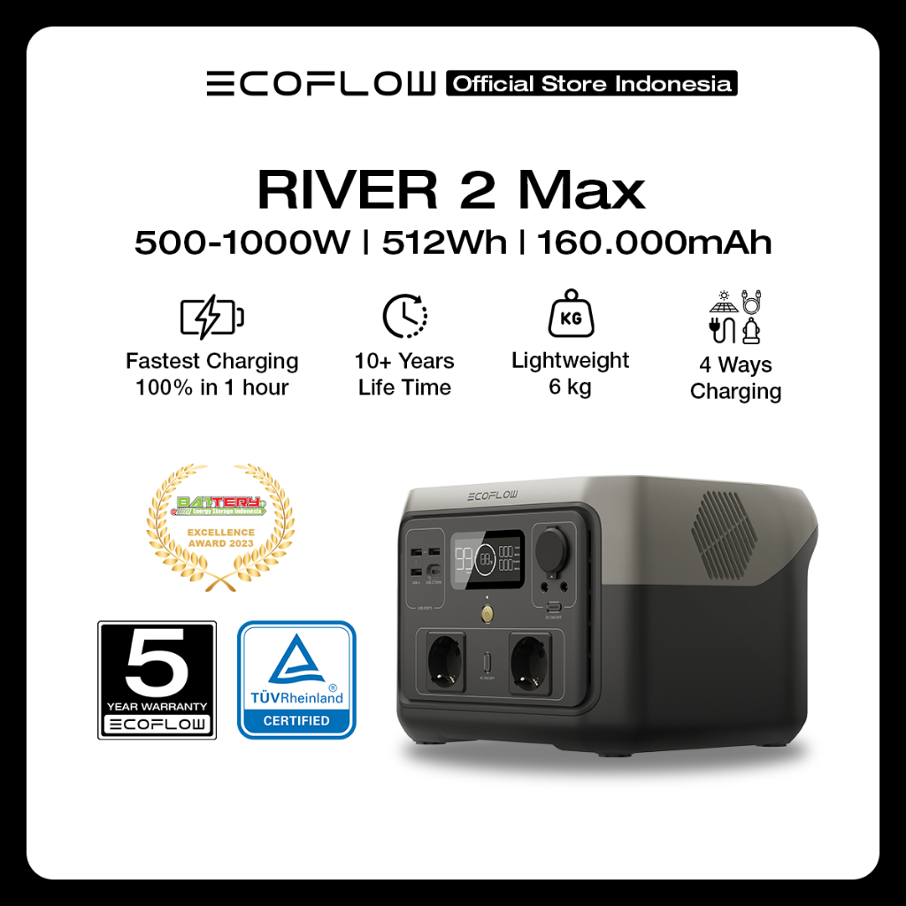 EcoFlow RIVER 2 Max 512Wh 500W Portable Power Station Outdoor Camping Hiking -  Genset Listrik Porta