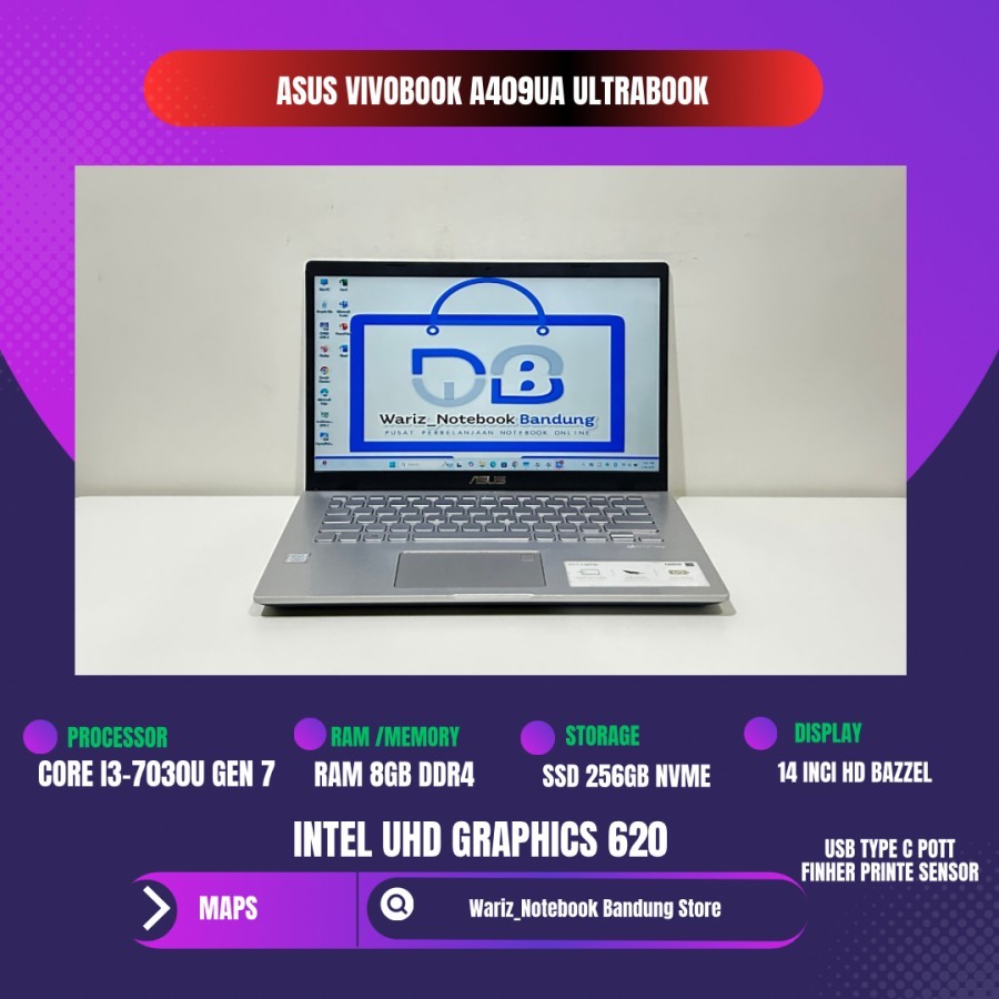 ASUS VIVOBOOK A409UA CORE I3-7020U RAM 8GB SSD 256GB NVME 14inci HD BAZZEL ULTRABOOK