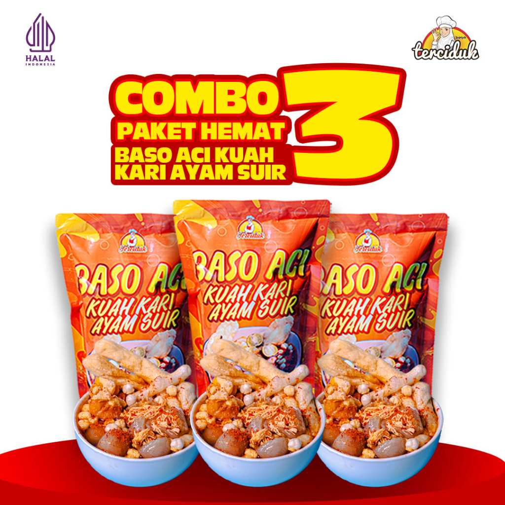 

Paket Combo Hemat 3 Bungkus Baso Aci Ayam Suwir Kuah Kari Extra Pedas - Terciduk Food [Isian Cuankie Cibak Batagor Otak-Otak]