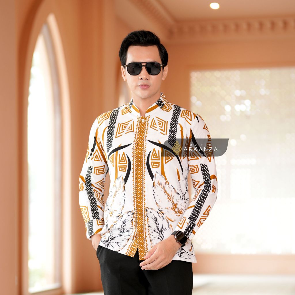 BATIK ARKANZA Kemeja Batik Koko Motif HANDARU PUTIH Slimfit Lengan Panjang