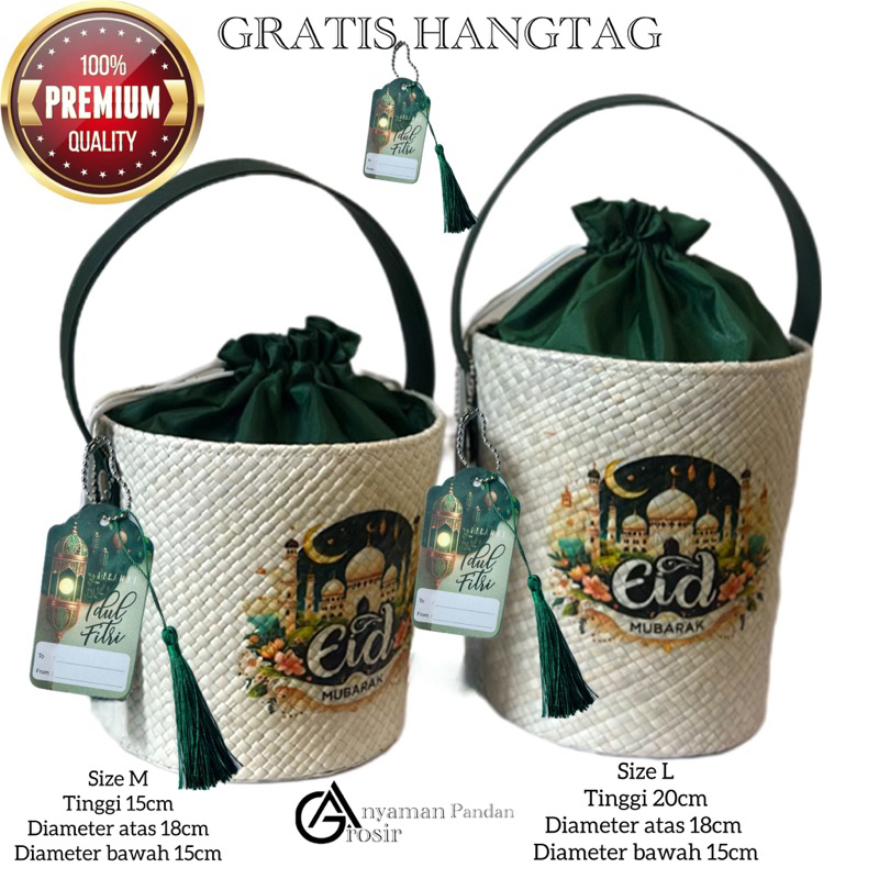 

Tas hampers EMBER PUTIH KAIN ARMY DECOUPAGE GRATIS HANGTAG tas parcel anyaman pandan goodiebag souvenir gift lebaran idul fitri termurah