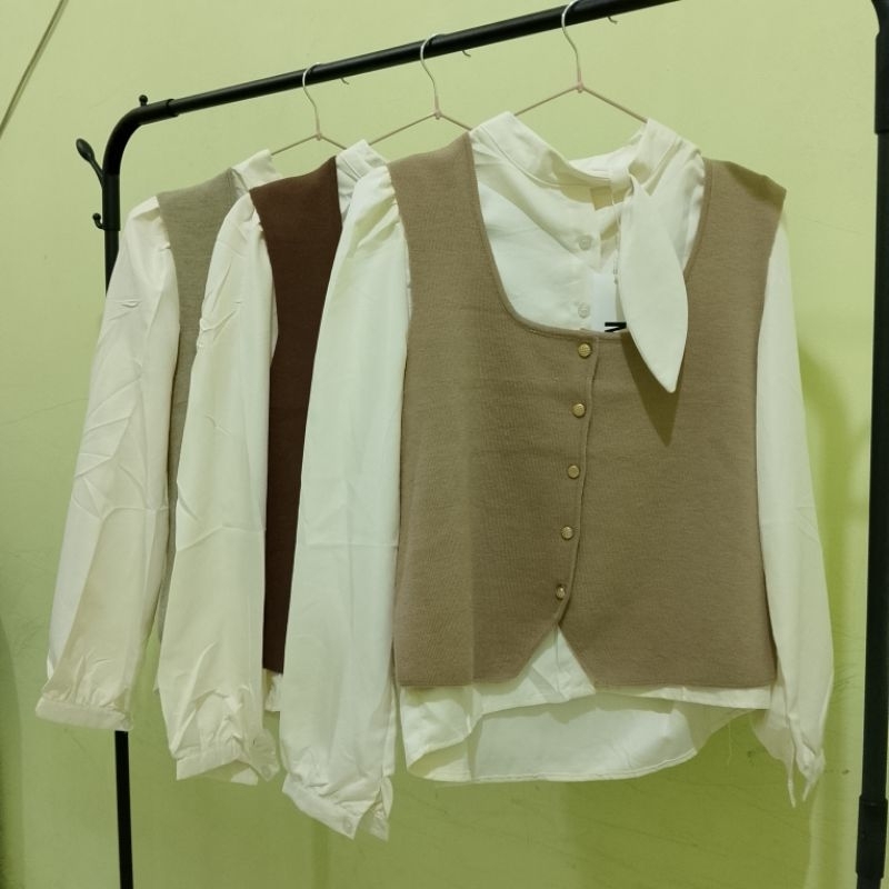 Atasan 2in1 (Kemeja & Vest)/Kemeja Dan Vess Terbaru/Kemeja Rompi/Atasan Rompi Rajut/Kemeja Soft sued
