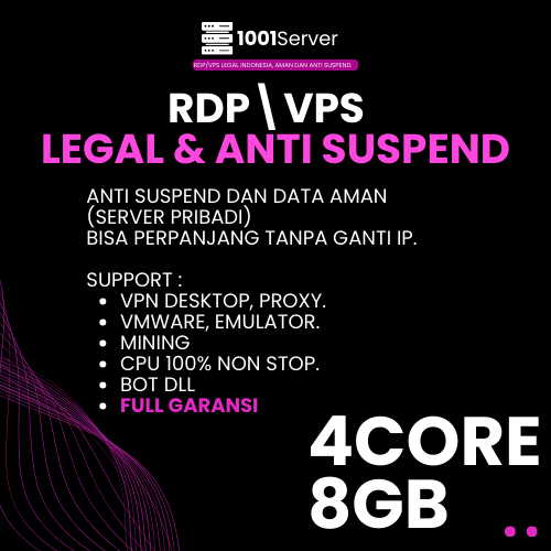 RDP / VPS RAM 8GB 4 CORE / 4 VCPU RAM 8 GB Bulanan Mingguan Harian Murah Windows / LINUX Full Admini