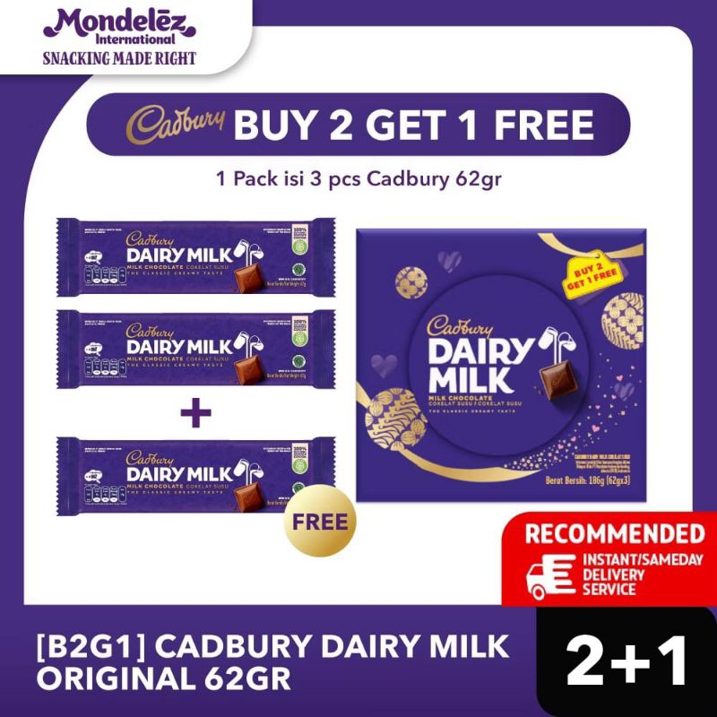 

✨ Cadbury Dairy Milk Original 62gr - Buy 2 Get 1 - Cokelat Susu Camilan Creamy, Lezat, dan Berkualitas ✨