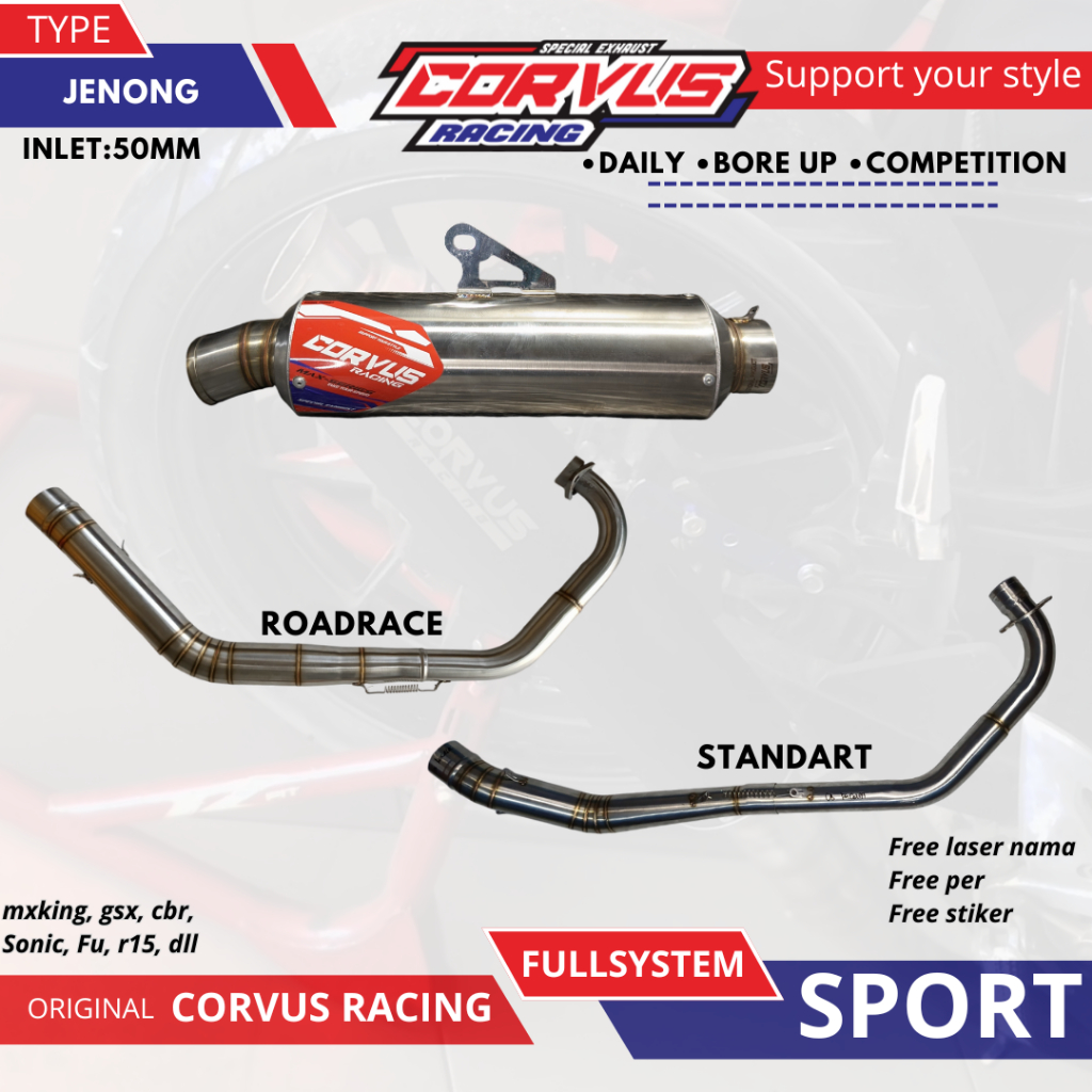 Knalpot Racing ( FULL SYSTEM ) CORVUS RACING TYPE JENONG – Suara BASS ADEM ULEM50mm | Harian Bore Up