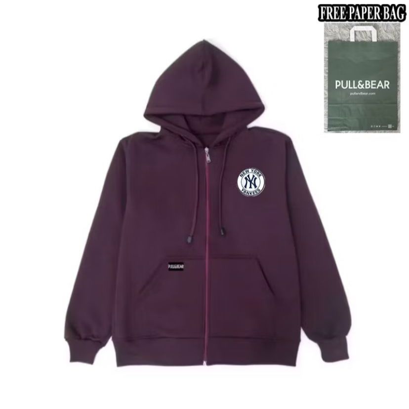 {FREE PAPER BAG} HOODIE ZIPPER MAROON PULL AND BEAR New York Yankees / NY BASIC PRIA - WANITA PREMIU
