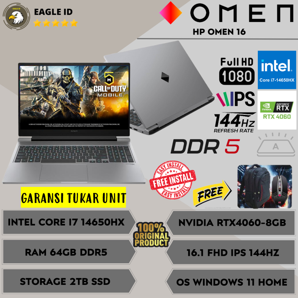 Laptop Gaming HP OMEN 16 Intel Core i7 14650HX Ram 64GB DDR5 2TB SSD 16.1'' FHD IPS 144HZ RTX4060 Wi