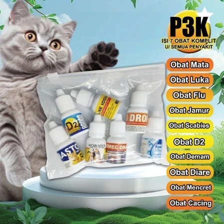 P3K KUCING - ISI 7 OBAT LENGKAP Obat D2 Obat Luka Tetes Mata Scabies Jamur Flu Demam Calici Cacing D