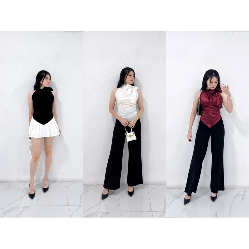 RUKA TOP - ATASAN SEXY RIBBON TOP WANITA BAHAN SATIN BELAKANG KARET F007