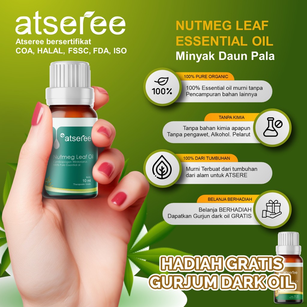 Atseree Essential Oil NUTMEG LEAF Minyak Essensial Daun Pala 5 ml 10 ml 30 ml 100 ml 1 liter 1000 ml