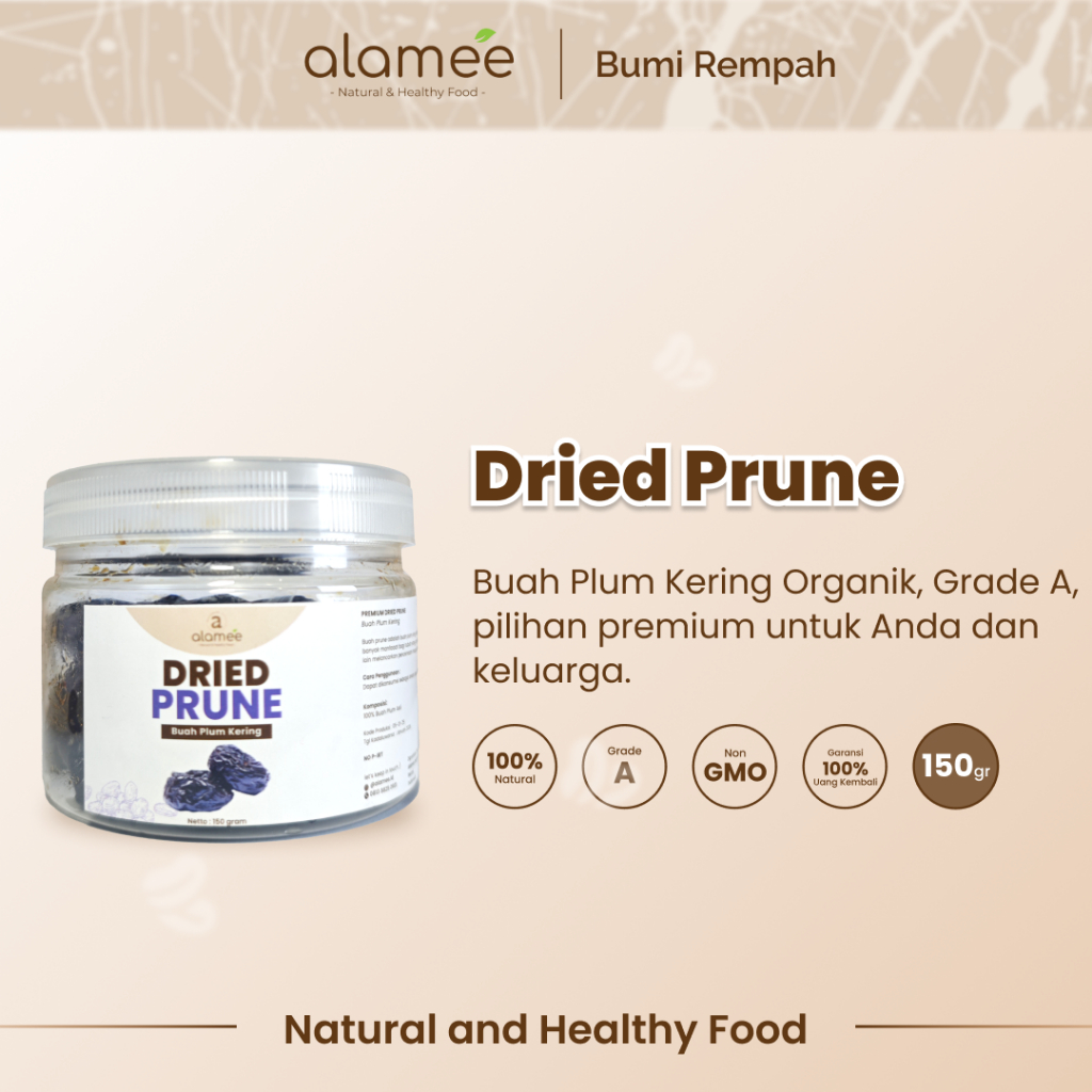 

ALAMEE Dried Prune Cemilan Buah Kering Sehat Buah Plum Kering Rendah Kalori Tanpa Biji PREMIUM 150gr