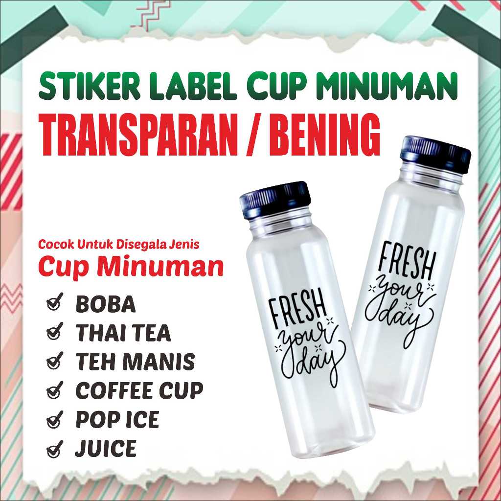 

STICKER LABEL TRANSPARAN / BENING KEMASAN / label minuman makanan botol CUTTING SESUAI POLA
