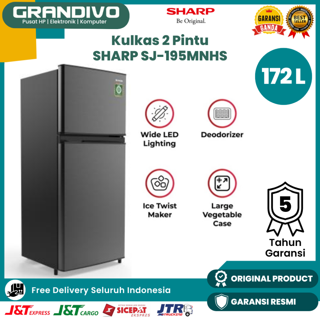 Kulkas 2 Pintu Sharp 172 Liter SJ 195MNHS Tanpa Bunga Es Low Watt Fan Cooling System Mega Freezer - 