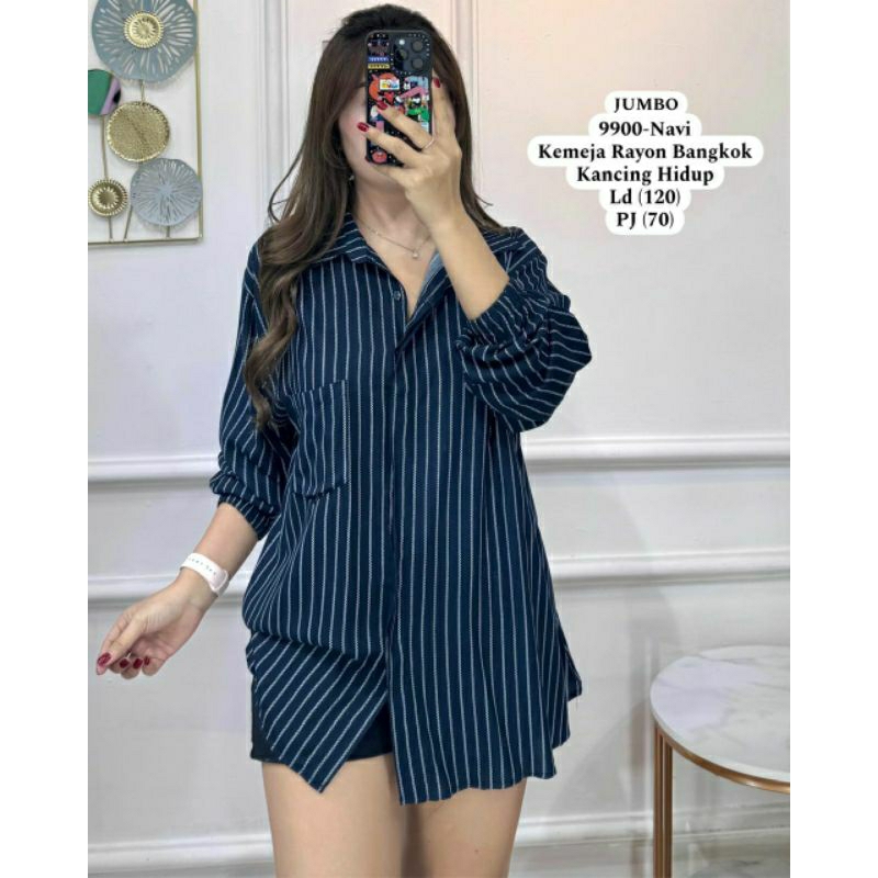 9900 - KEMEJA RAYON BANGKOK SALUR JUMBO LENGAN PANJANG WANITA KEKINIAN KANCING HIDUP IMPORT.