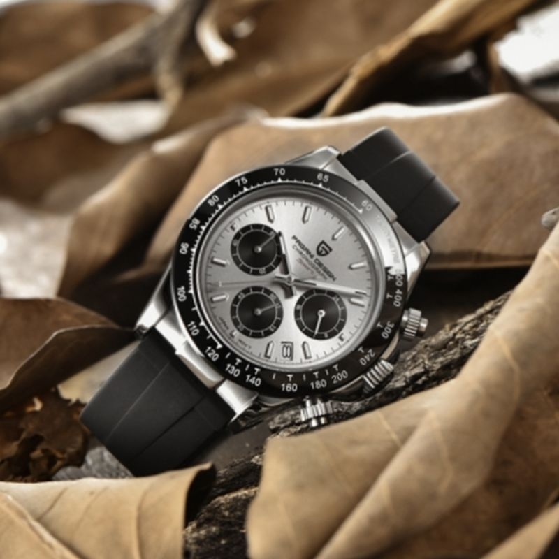 PAGANI DESIGN DAYTONA SILVER PANDA BLACK SAFIR + AR COATING CERAMIC BEZEL SEIKO VK63 WR 100 M SIAP R