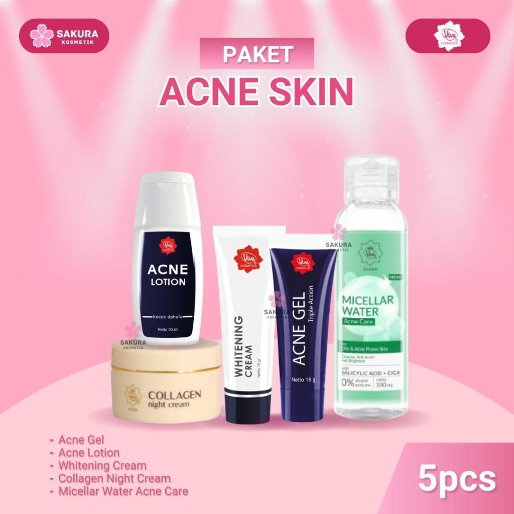[PAKET ACNE] Viva Acne Gel, Viva Acne Lotion, Viva Whitening Cream, Viva Collagen Night Cream, Viva 